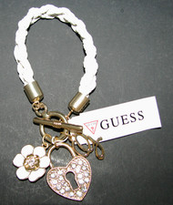 GUESS WHITE BRAIDED FAUX LEATHER LOCK GOLD TONE CHARMS CRYSTAL BRACELET TOGGLE