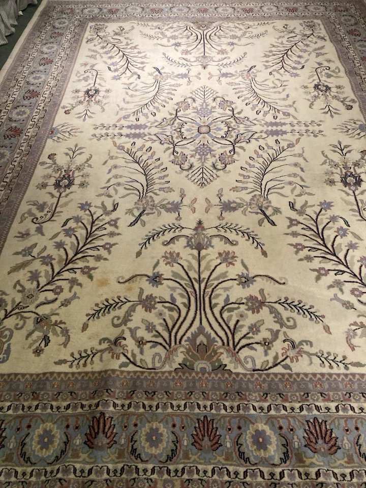 Vintage 9x12+ Foot Oriental Style Area Rug Ivory Blue Green Pink - Image 2 of 4