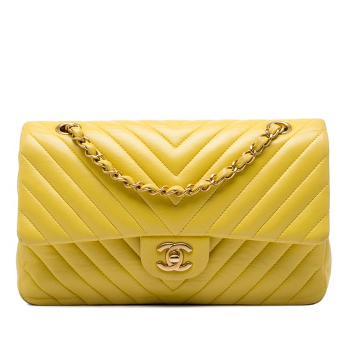 Chanel Medium Classic Chevron Lambskin Double Flap Pre-Loved Shoulder Bag Yellow