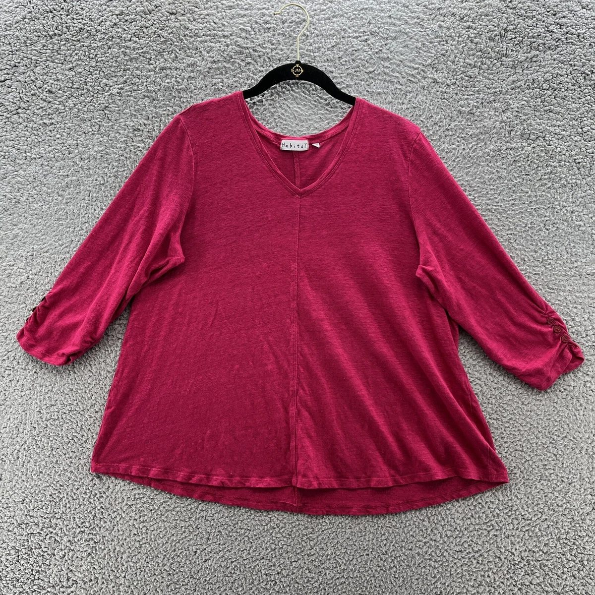 Habitat Clothing Top Women Medium Hot Pink Linen Knit Relaxed Lagenlook  Pullover