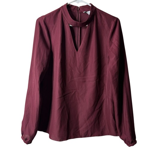 White House Black Market Burgundy Keyhole Long Sleeve Blouse Size Medium