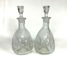 Pair of Vintage Blenko Clear Crackle Glass Pinch Pinched Glass Decanters