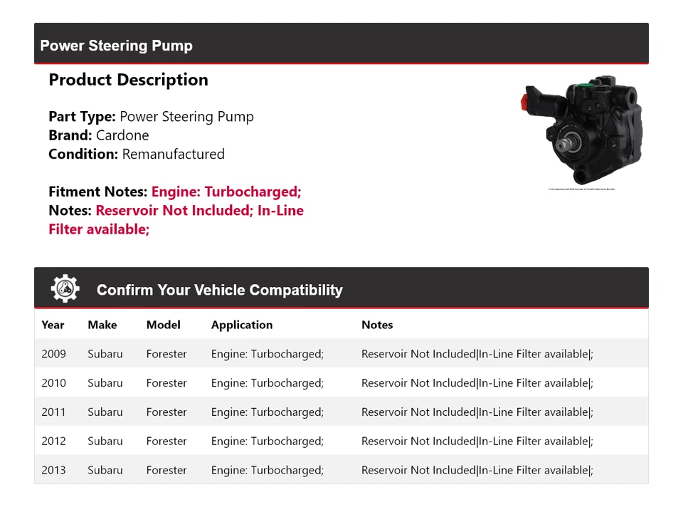 For 2009-2013 Subaru Forester Turbocharged Power Steering Pump Cardone 2010 2011 - Image 2 of 4