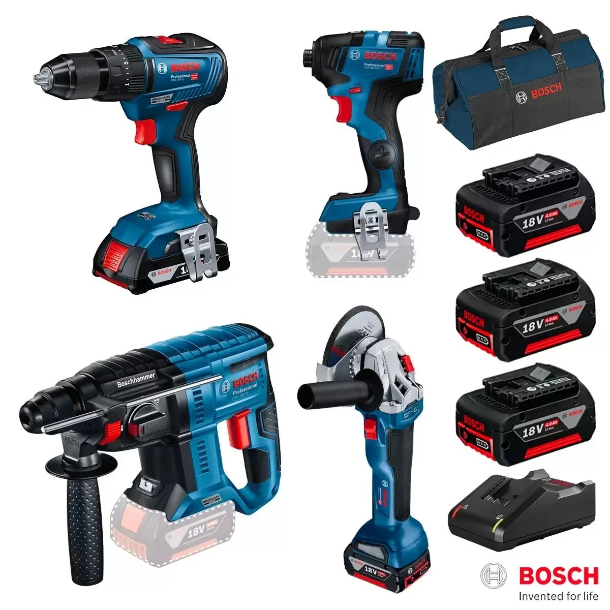 Bosch Professional AmpShare Ensemble d'outils 3 Tool Kit (18 V, 2  batteries, 2 Ah - 4 Ah, 7 pces, 3 outils sans balais)