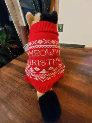 Weihnachten Haustier Katze Pullover ""Meowy Weihnachten"" rot, weiß, Größe Small - Bild 1 von 10