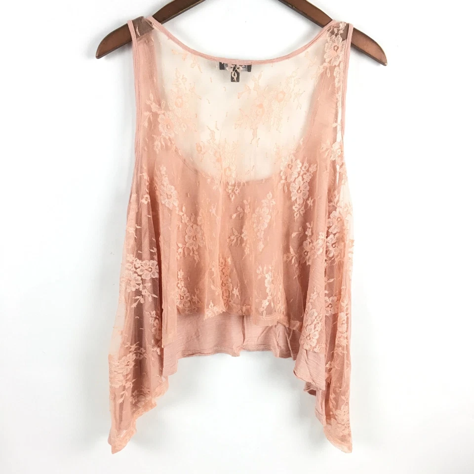 Camiseta sin mangas BEBE para mujer pequeña de encaje melocotón espalda cuello redondo fluido elástico Foto 2 de 4