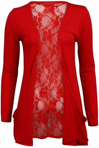 Women Long Sleeve Back Lace Boyfriend Cardigan ladies Open Front Pocket Cardigan - Picture 7 of 13