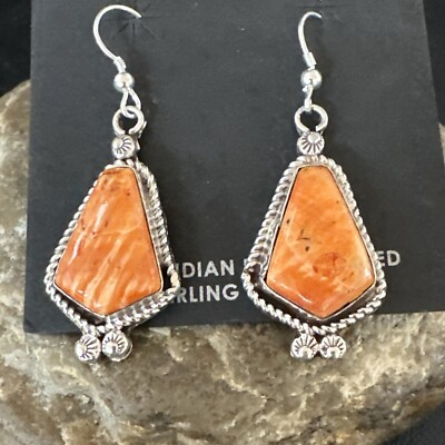 Native Navajo Sterling Silver Orange Spiny Oyster Dangle Earrings 17273