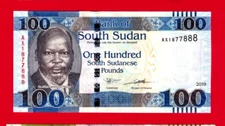 100 Pounds 2019 SOUTH SUDAN UNC NOTE - Prefix 'AX' - Red & Black Serial # (P-15)