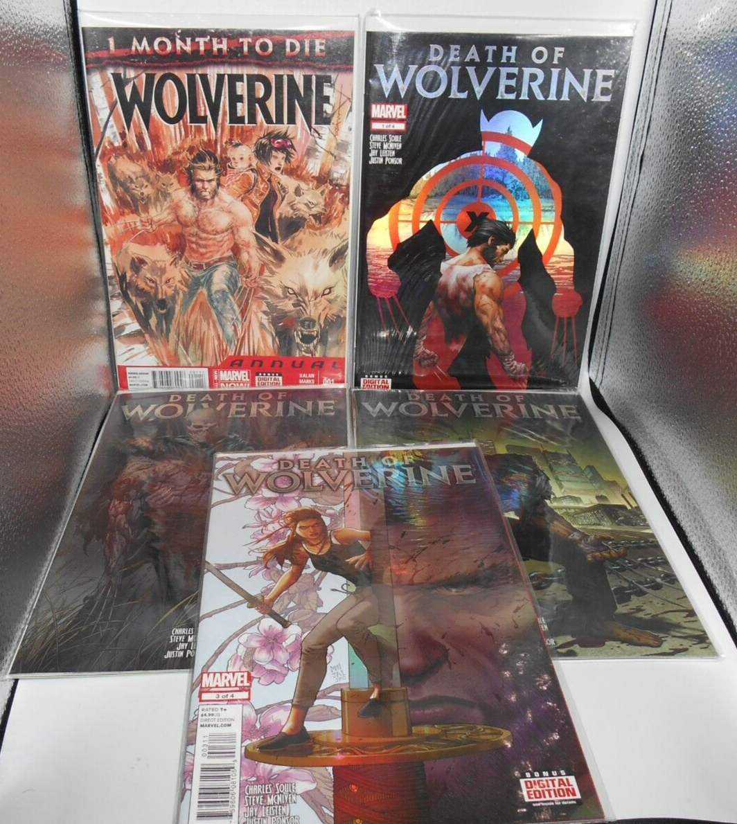 LOT OF 9 2014 DEATH OF WOLVERINE COMIC BOOK FOIL COVER & CANADA ED. 1 MONTH ANNU