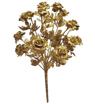 Gold Glittered 14-Plastic Tea Roses 18'' Bush Flower Home Holiday All Decor Craft