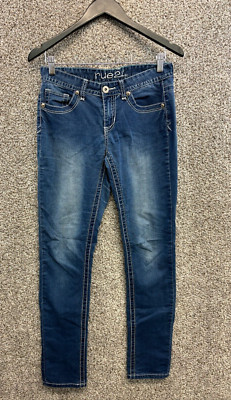 Rue 21 Mid Rise Skinny Jeans Blue Denim Stretch Jeans Embroidered Juniors 3/4