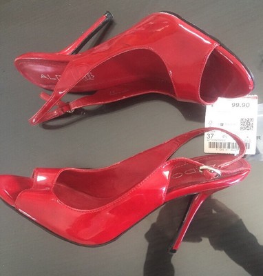 red patent leather slingback pumps