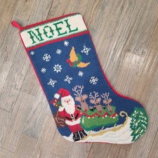 VTG Handmade Wool Needlepoint NOEL Santa Reindeer Christmas Velvet Stocking