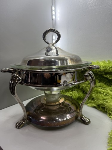 Vintage Pyrex Glass Casserole Dish w. Silver-plated Buffet Holder Chafing & Lid