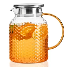 1 PCS Glass Pitcher with Lid and Spout 33.8oz/ 1L, Squama Designed Water Pitcher