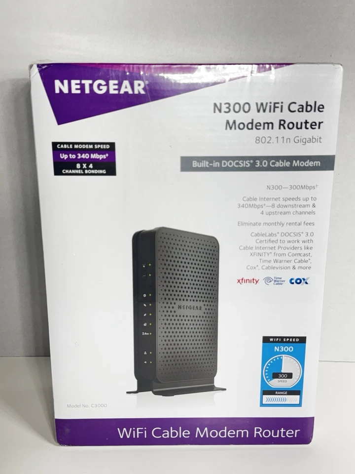 NETGEAR N300 WiFi Cable Modem Router New C3000100NAS) Model C3000 NEW Sealed - Image 3 of 4