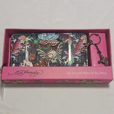 Ed Hardy Zip-Around Wallet & Key Ring Set, Multicolor Skull Graphic Print