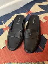Prada Black Grain Leather Penny Loafer Slides / Mules  EU 38.5 UK 5.5