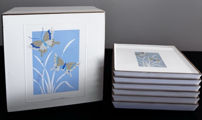 Otagiri Prima Lacquer Coasters Set Of 6, VTG 1980, Japan Butterfly Cottage Core