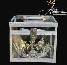 Jumbo Crown Carrying Case with Crystal AB Rhinestones Lock Key Clear
