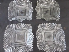 4 Vintage Indiana Glass Square Diamond Point Ruffle Edge Candy or Nut Dishes, EX