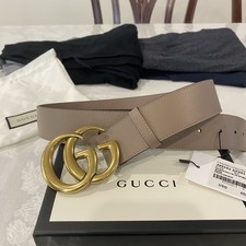 Authentic Gucci Pink Taupe Leather Belt Gold GG Buckle Size 30-32