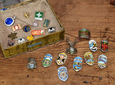 Vintage Tin of Walking Stick Badges, Pin Badges, Silver Enamel Brooch - Etc