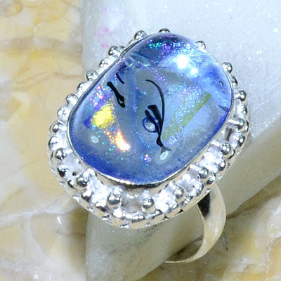 HUGE, UNIQUE, RARE RAINBOW DICHROIC GLASS RING SIZE 8 3/4, 925 SILVER