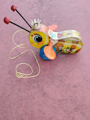 Vintage 1960's Fisher Price Queen Buzzy Bee Wooden Pull Toy 