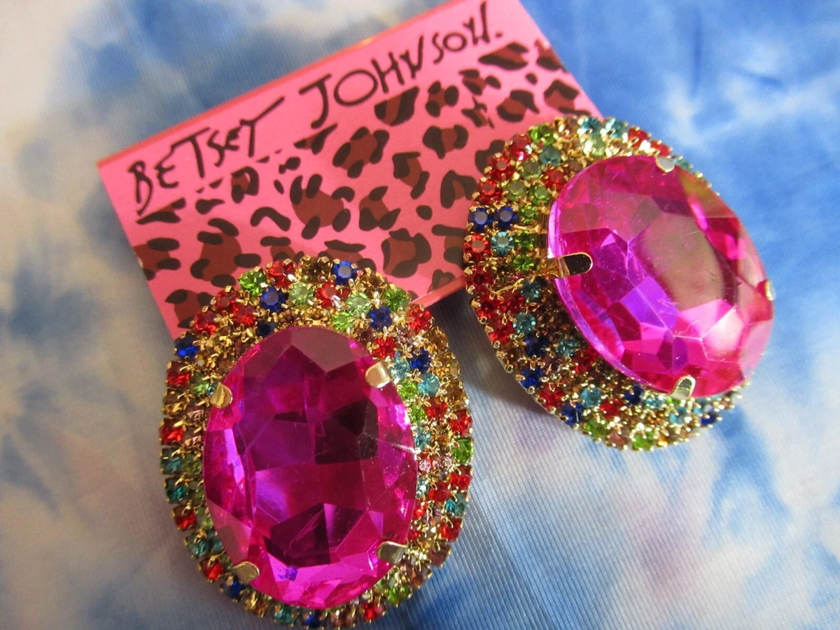 BETSEY JOHNSON CRYSTAL RHINESTONE HOT PINK WIDE OVAL STATEMENT STUD EARRINGS