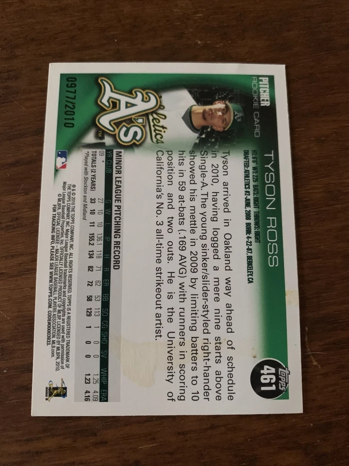 2010 Topps Gold #461 Tyson Ross Athletics. Number 977/2,010 - Image 2 of 3