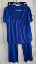 Vtg Vandemere Pajama Set Womens Medium Blue Nylon Top  Bottoms Lace Chest