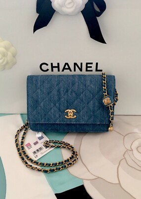 NWT CHANEL Blue Denim Wallet On Chain WOC Pearl Crush Adjustable