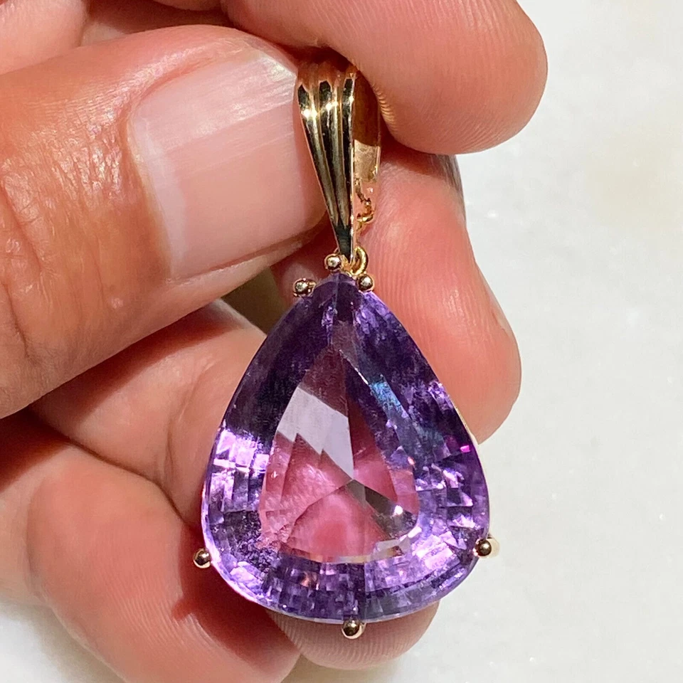 LG SOLID 14K YELLOW GOLD HUGE DEEP PURPLE AMETHYST TEARDROP NECKLACE PENDANT - Image 2 of 4