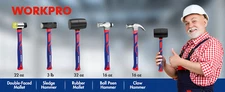 WORKPRO 5-Piece Hammer Set, Forged & Polished Steel Head, Fiberglass Handle NEW