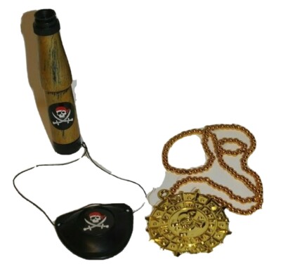 3 Pirate Costume acce., Eye Patch, Treasure necklace, Telescope Spyglass
