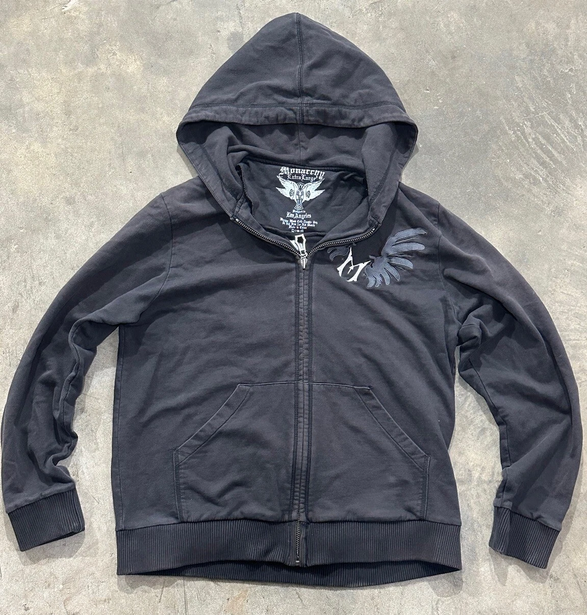Vintage Grey Embroidered Everlasting Monarchy Y2K Zip Up Hoodie– Size XL