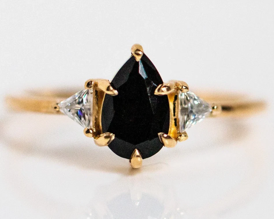 Black Natural 0.55CT Onyx With White 0.12CT Moissanites In 10K Yellow Gold Ring - Picture 1 of 5