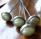 SET of 4 antique Edwardian SILVER mounted pale green cabochon hat pin lot -377