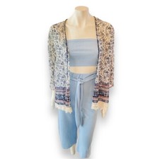 Xhiliration Open Front Floral Kimono Cove-Up w/ Fringe Detailing Bell Sleeves