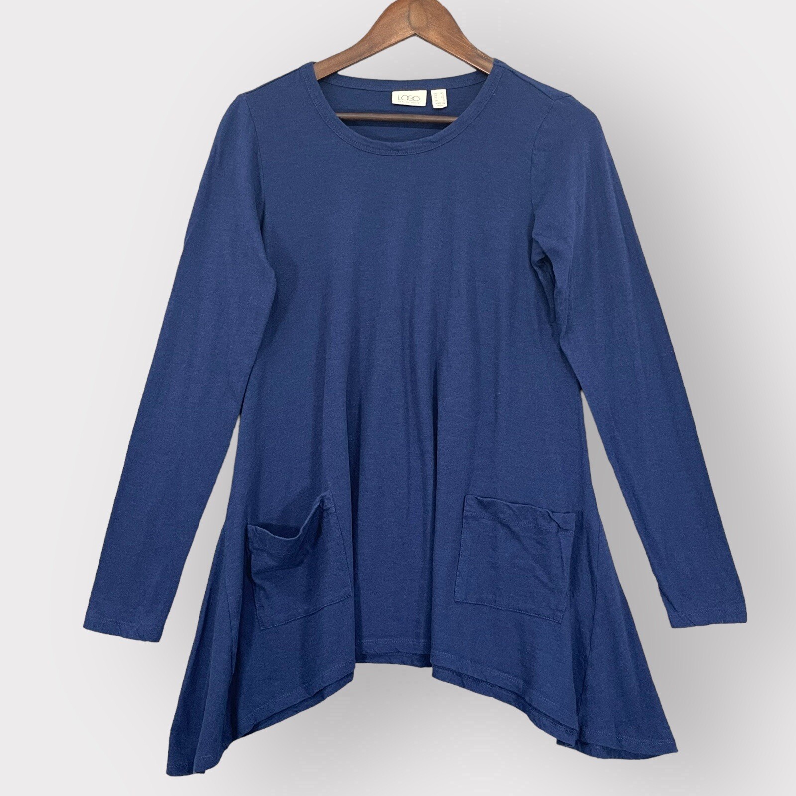 LOGO by Lori Goldstein Knit Top Women XS Blue Asymmetric Hem Cotton Slub
