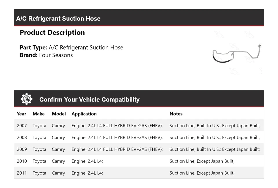 Manguera de succión de refrigerante aire acondicionado Toyota Camry 2007-2011 4 estaciones 2008 2009 2010 Foto 2 de 4