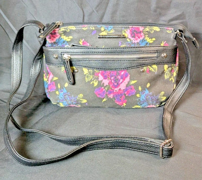 Women's Vintage Y2K Jaclyn Smith Black Floral Canvas Crossbody Bag Purse