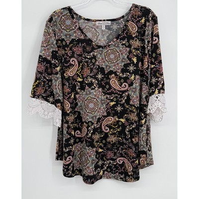 Stem & Vine Womens Paisley Mandala V-Neck Top Crochet Lace 3/4 Sleeve Sz 2X