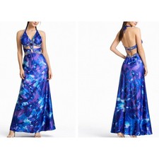 VTG Y2K Prom Dress 6 Halter Beaded Evening Gown Backless Cutout Fairy Mermaid