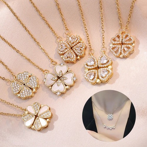 Four Leaf Clover Magnetic Folding Heart Pendant Necklace