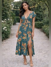 Lulus Dress Womens Size XS Floral Print V Neck Blue Cutout Midi Hawaiian