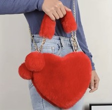 Women's Fluffy Heart Shape Shoulder Bag Faux Fur Handbag with Pom Pom Strap