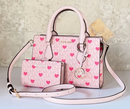 Michael Kors Sheila SM Satchel Shoulder Crossbody Bag + Wallet Set MK Pink/Heart